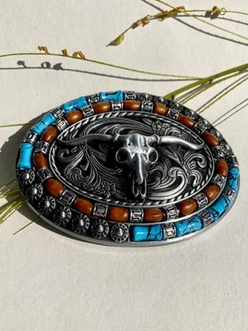 New - American Western Cowboy Cowgirl Steer Turquoise Belt Buckle Boho Silver